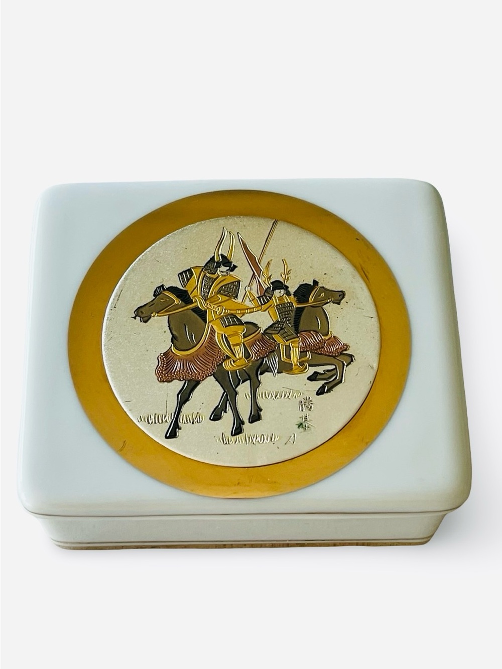The Art of Chokin 24k Gold and White Ceramic Trinket Dish Samurai Horse Riders